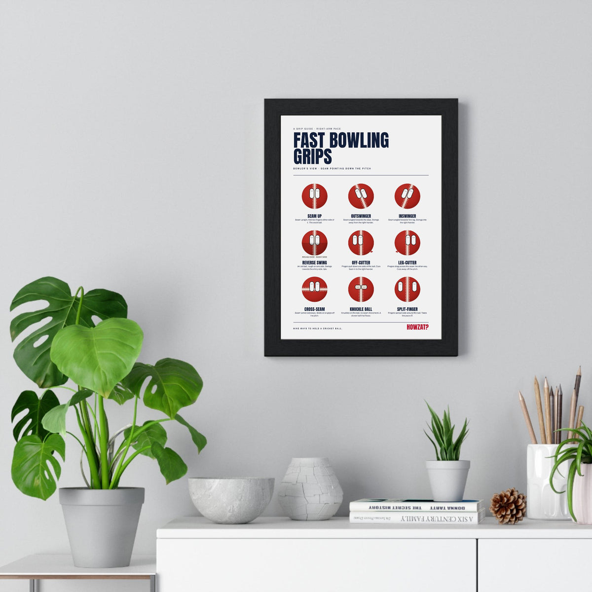 Fast Bowling Grips Cricket print framed on a living room wall