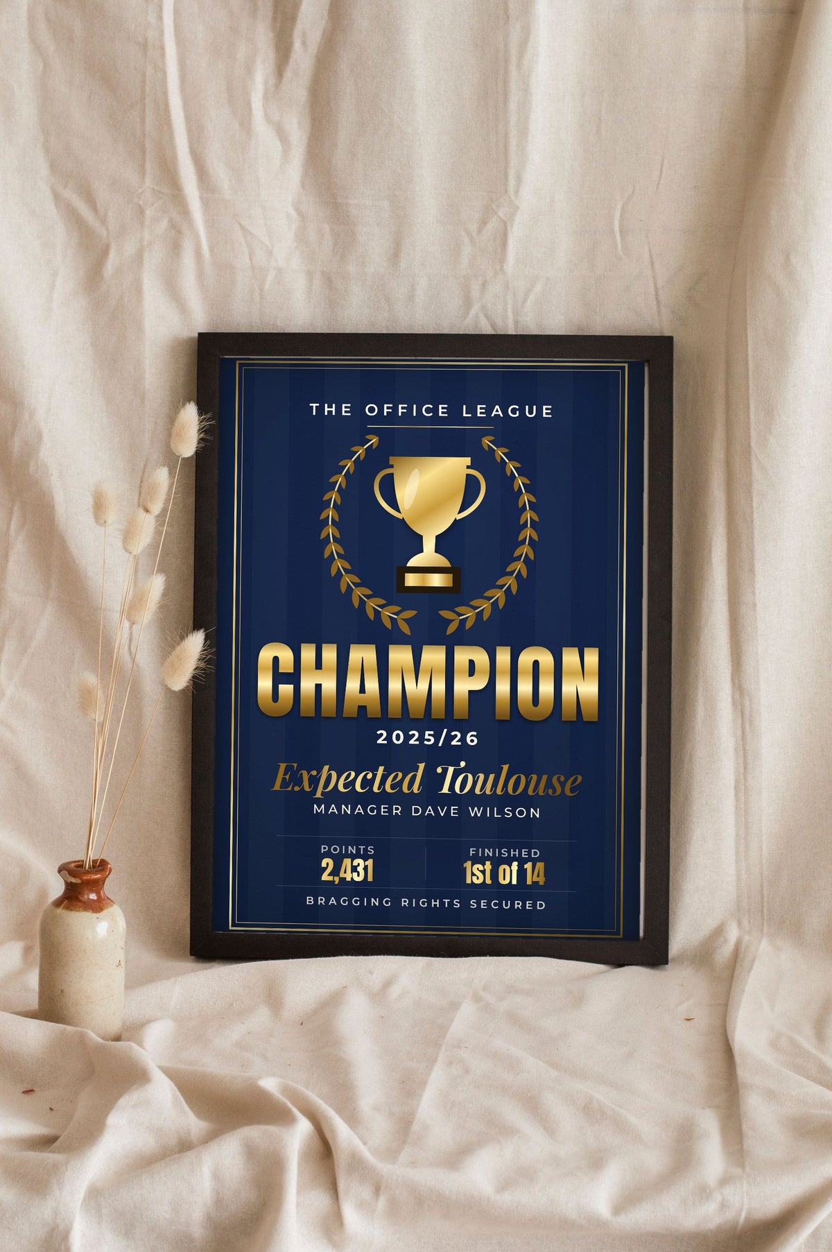 Personalised Fantasy Football Champion Print - Lifestyle - leaning in a frame with dried flowers