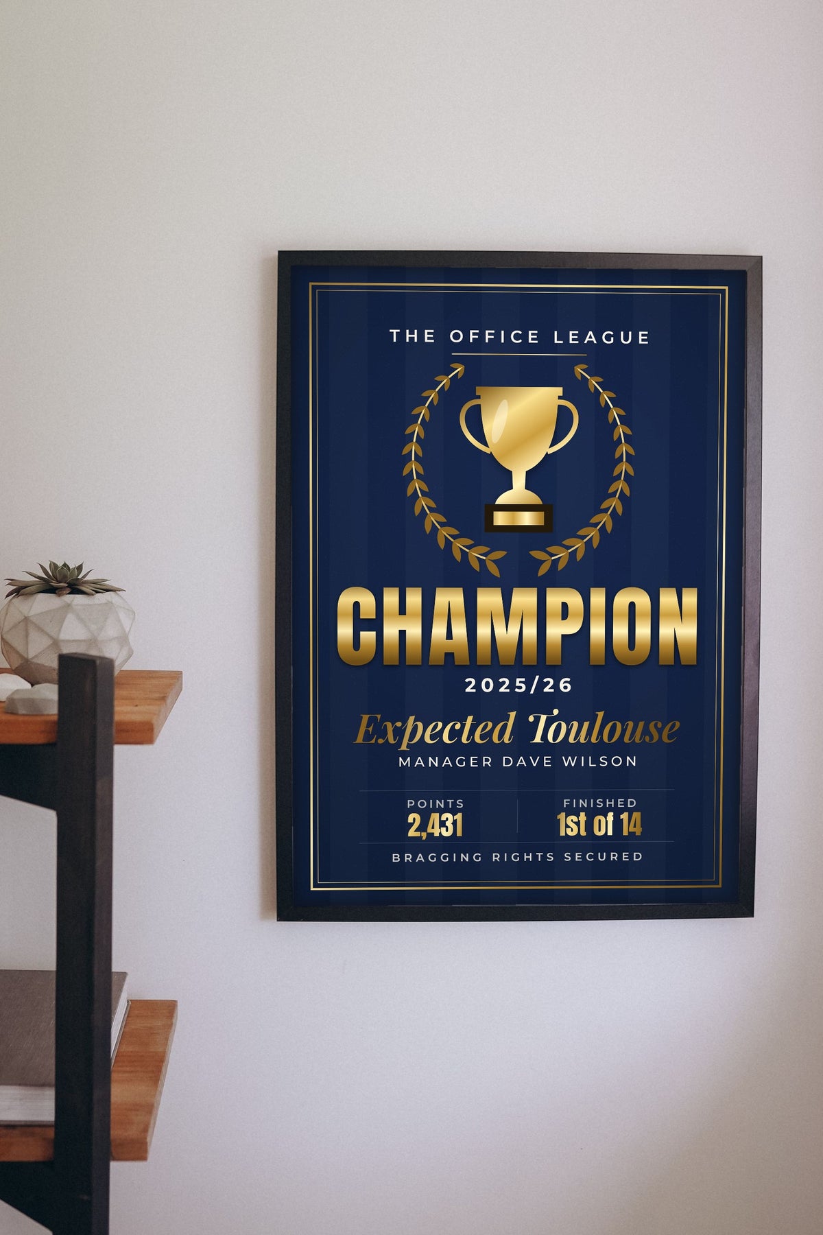 Personalised Fantasy Football Champion Print - Lifestyle - hanging on a living room wall