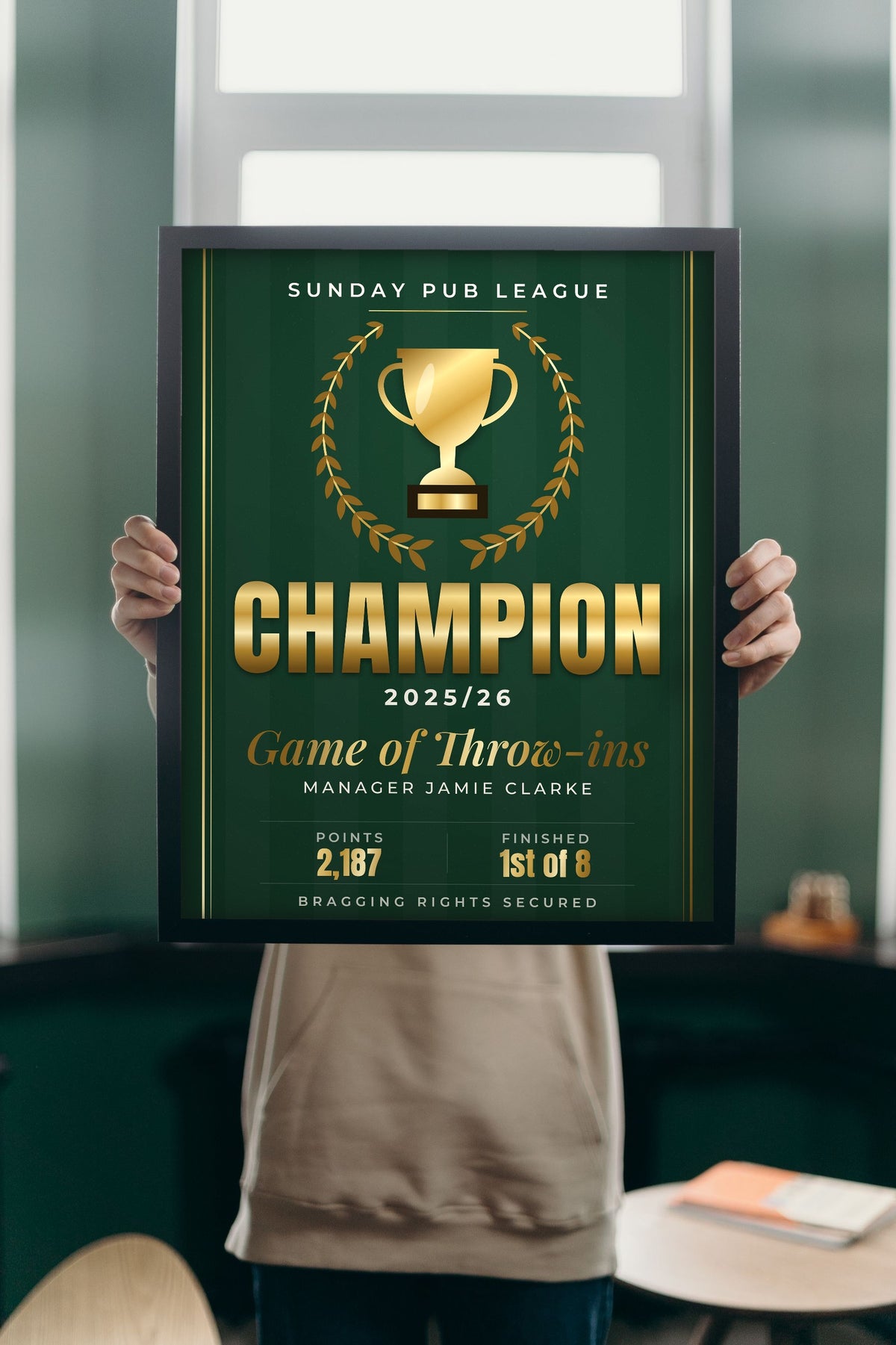 Personalised Fantasy Football Champion Print - Lifestyle - held up in a bright room