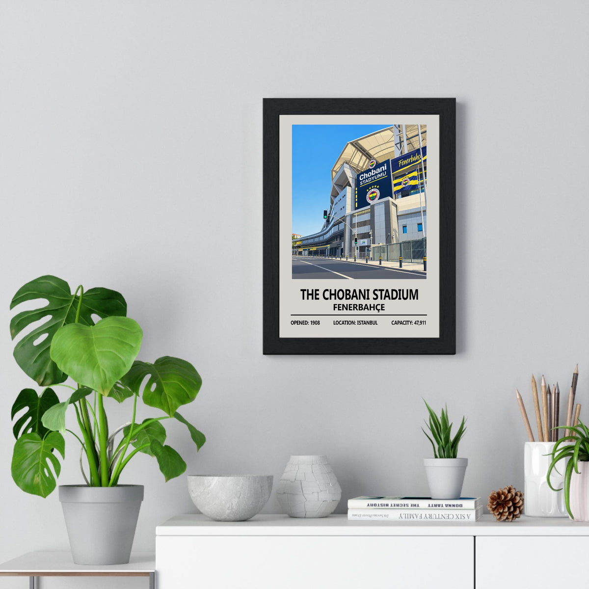 Chobani Stadium print framed on a living room wall