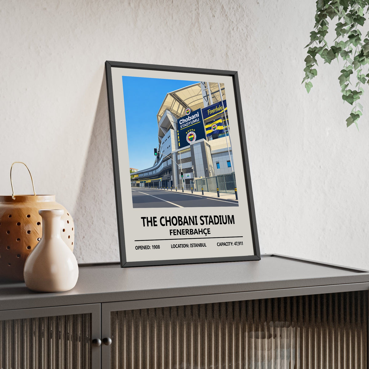 Chobani Stadium Istanbul print leaning on a sideboard