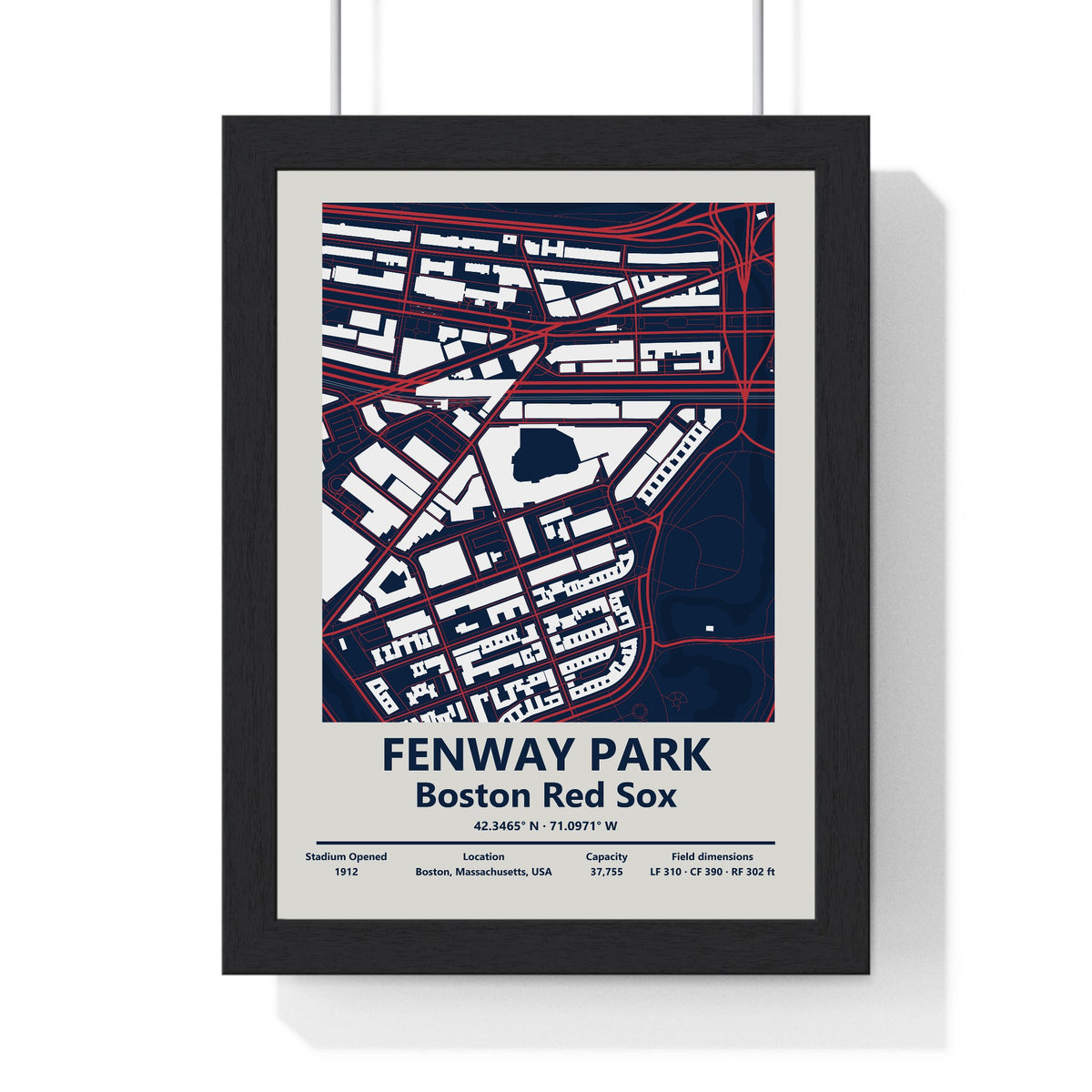 Fenway Park map print framed in a black frame, ready to hang