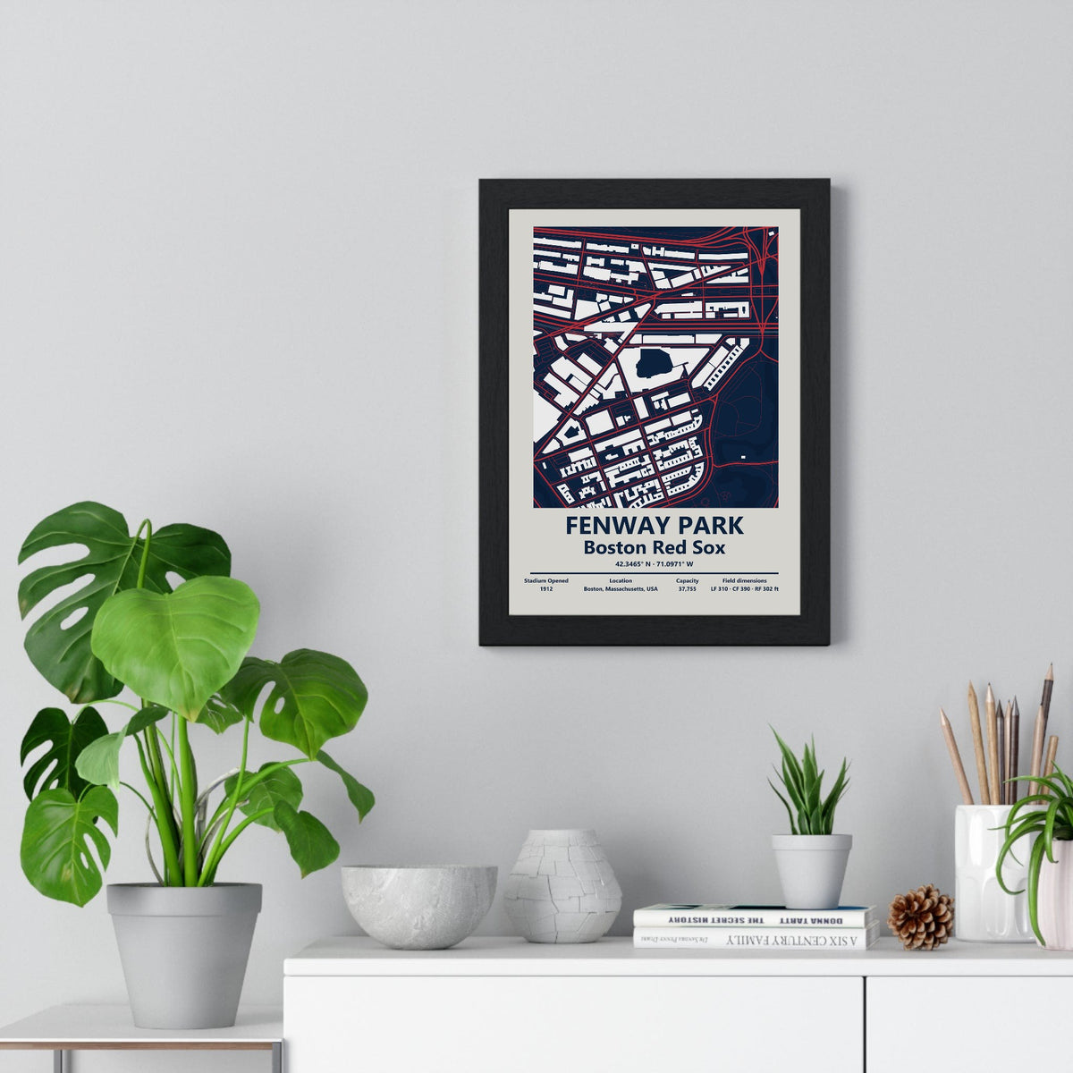 Fenway Park map print framed on a living room wall