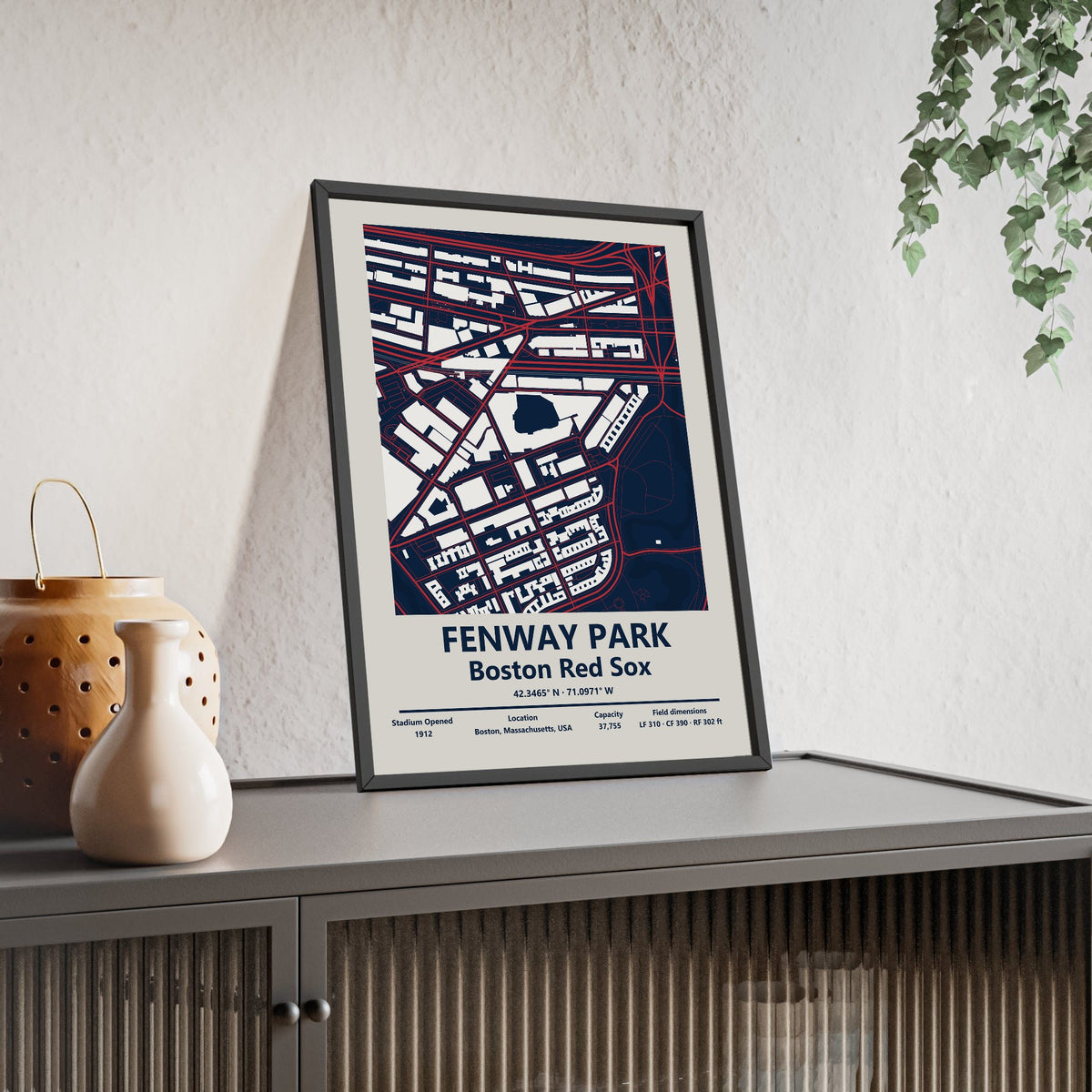 Fenway Park map print framed and leaning on a sideboard