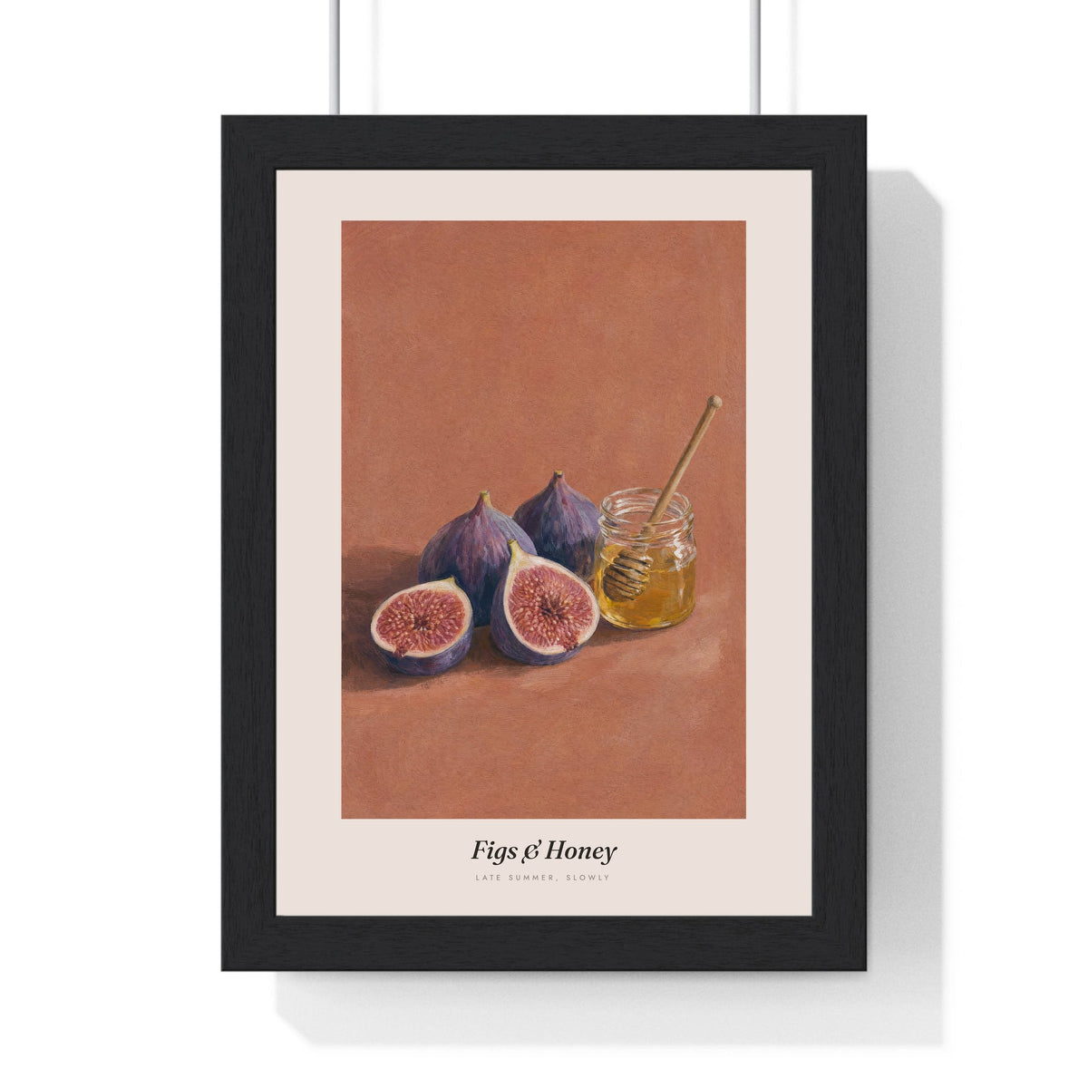 Figs and Honey Print framed in a black frame, ready to hang