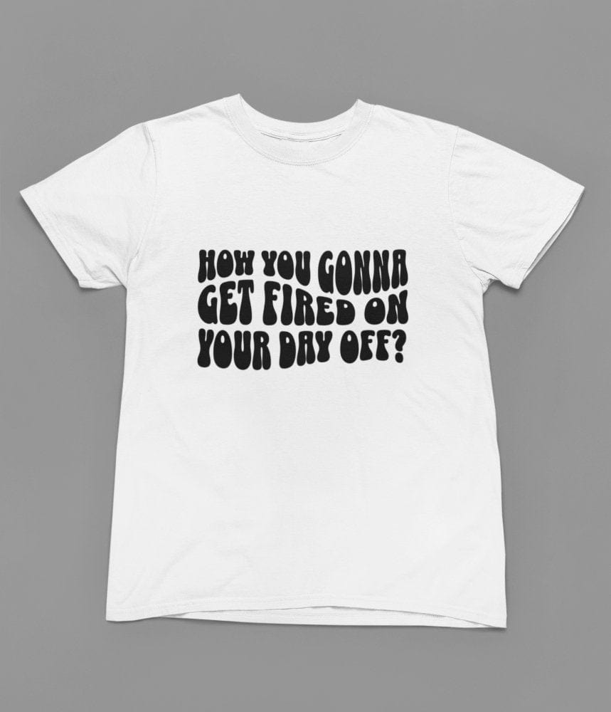 Black t-shirt with FIRED On Your Day Off Quote Friday Movie /Sweatshirt close-up