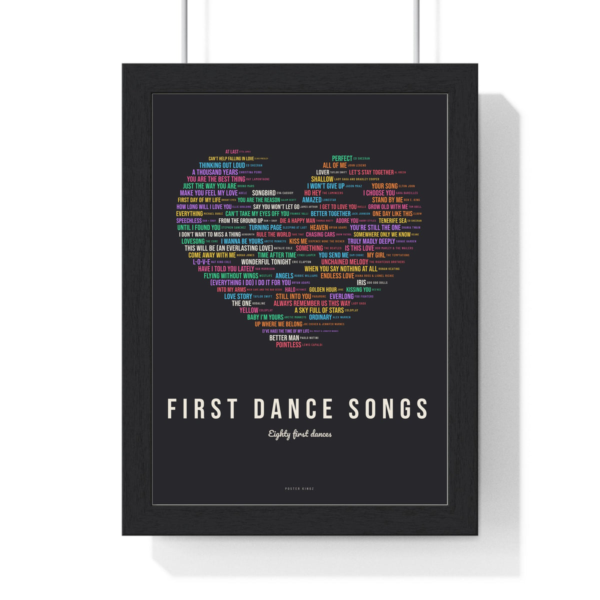 First Dance Songs Poster framed in a black frame, ready to hang
