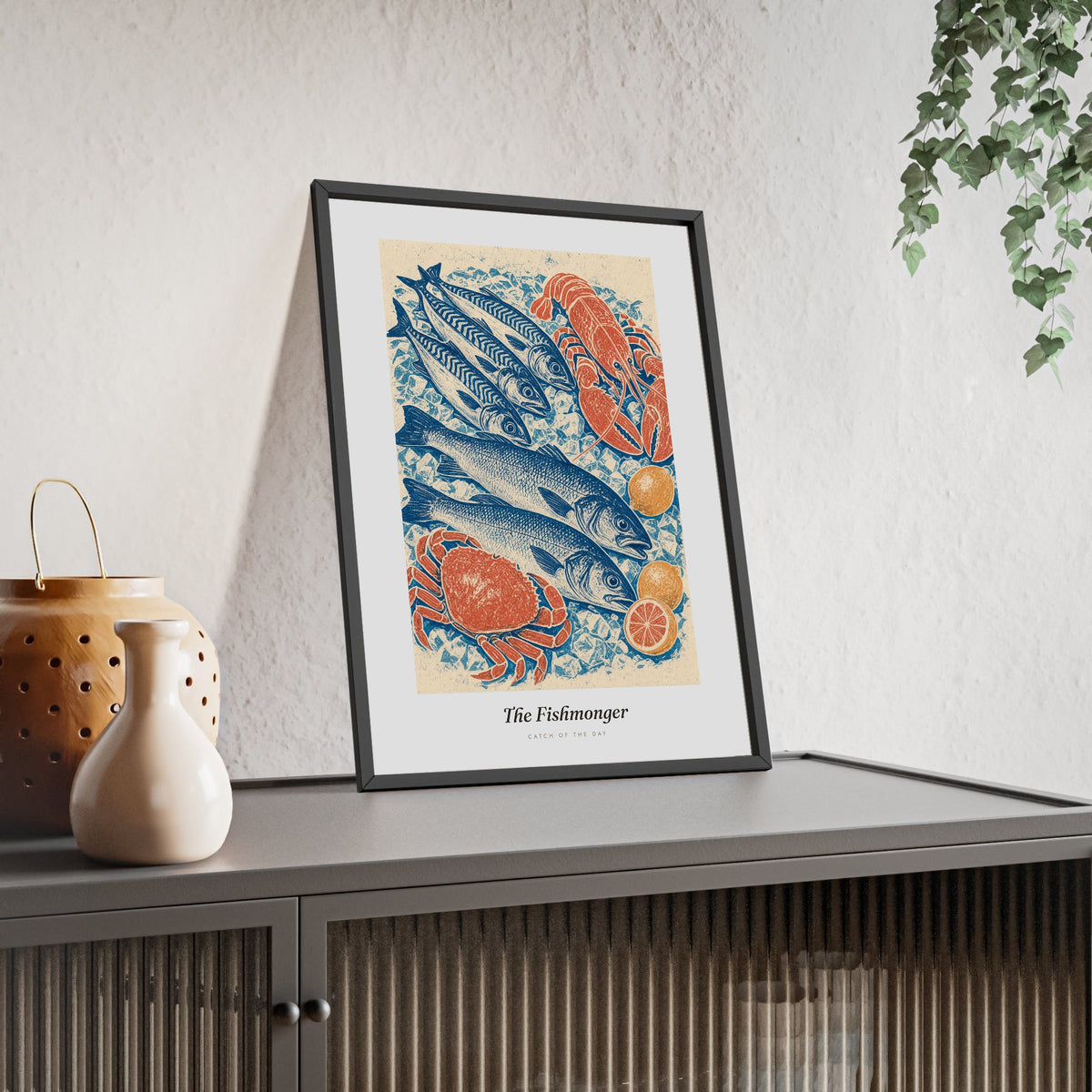 The Fishmonger Print framed and leaning on a sideboard