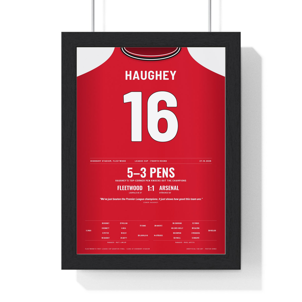 Fleetwood Town v Arsenal Carabao Cup 2026 Poster - Conor Haughey 16 Winning Penalty Shirt Print framed in a black frame, ready to hang