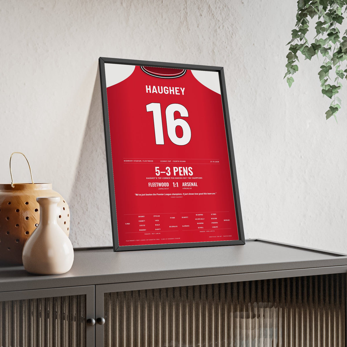 Fleetwood Town v Arsenal Carabao Cup 2026 Poster - Conor Haughey 16 Winning Penalty Shirt Print framed and leaning on a sideboard