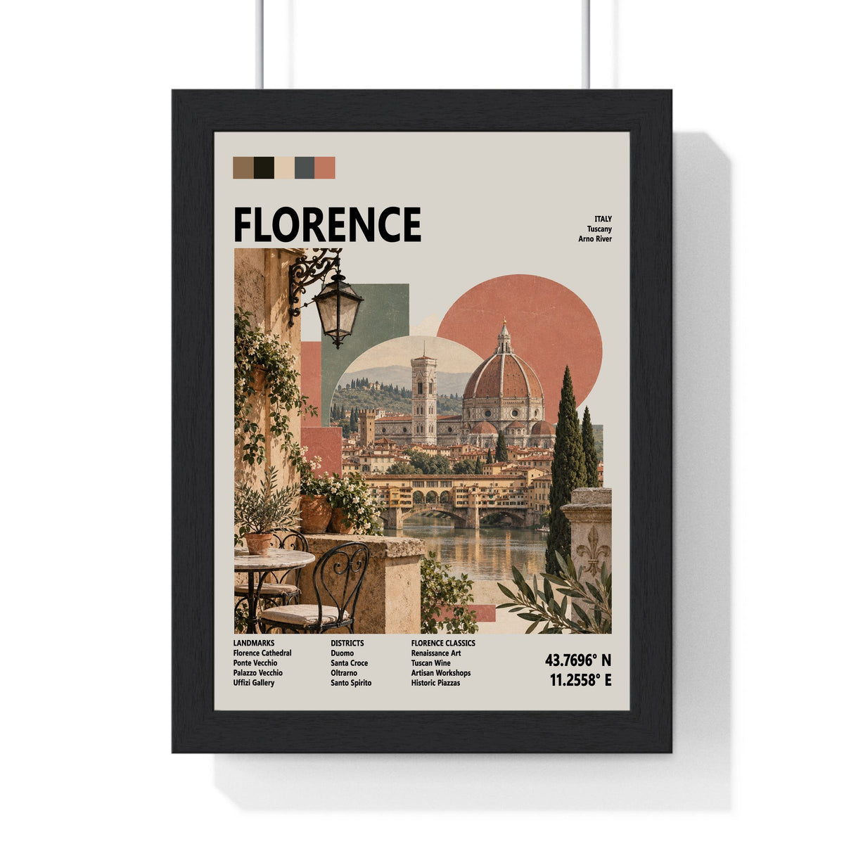 Florence Mid Century Travel print framed in a black frame, ready to hang