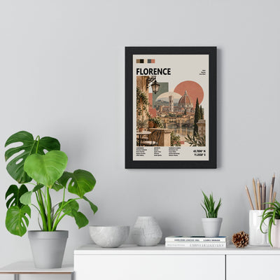 Florence Mid Century Travel print framed on a living room wall
