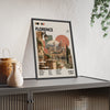 Florence Mid Century Travel print framed and leaning on a sideboard