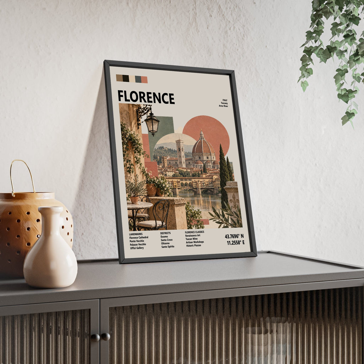 Florence Mid Century Travel print framed and leaning on a sideboard