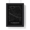 Florence street map poster in black, minimal city map print framed in a black frame