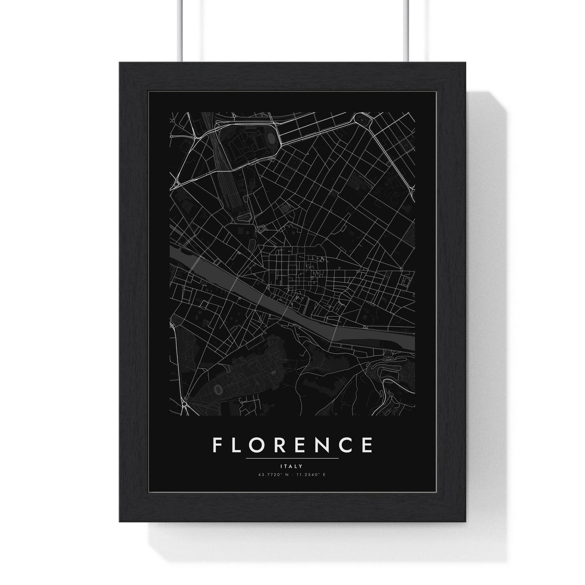 Florence street map poster in black, minimal city map print framed in a black frame