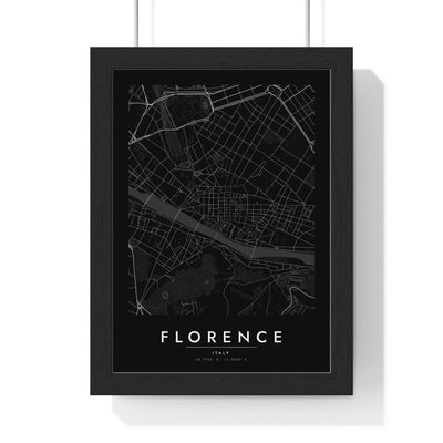 Florence street map poster in black, minimal city map print framed in a black frame