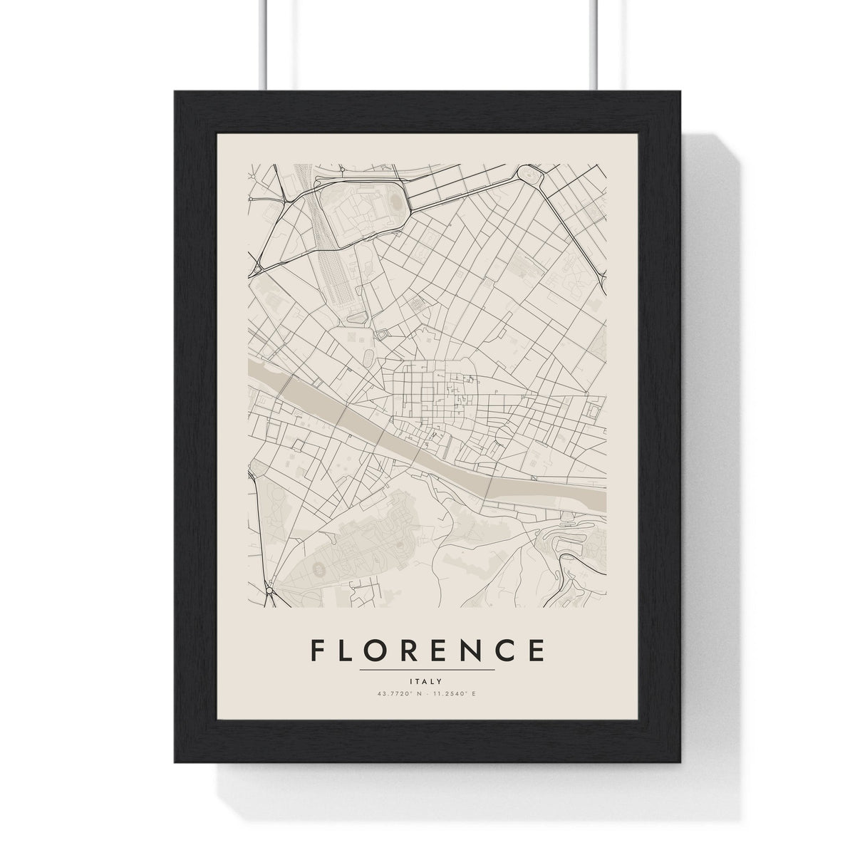 Florence street map poster in cream, minimal city map print framed in a black frame