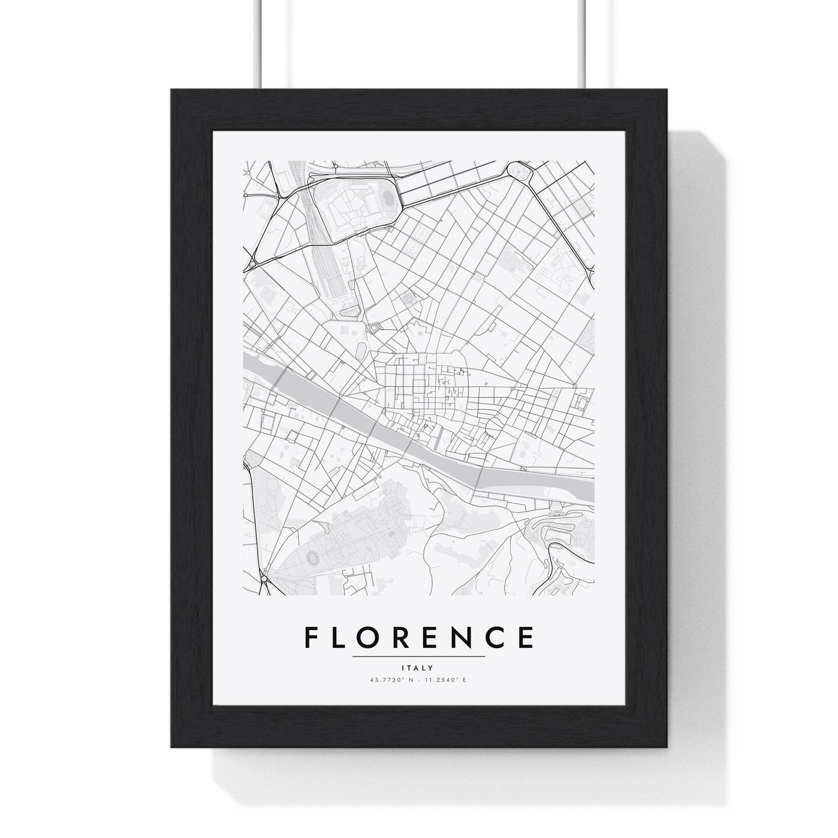 Florence street map poster in white, minimal city map print framed in a black frame