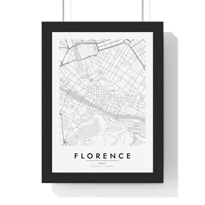 Florence street map poster in white, minimal city map print framed in a black frame