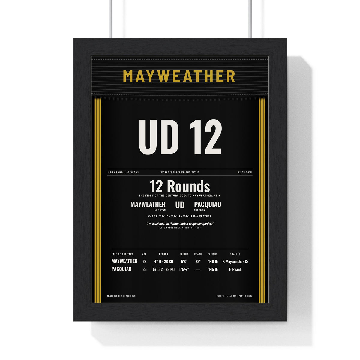 Mayweather v Pacquiao 2015 Boxing Poster framed in a black frame, ready to hang