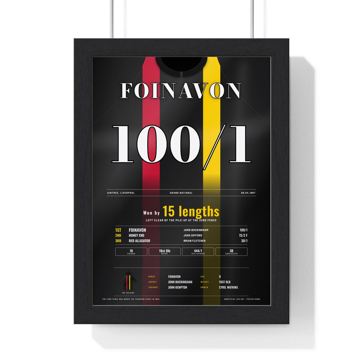 Foinavon Grand National 1967 Horse Racing Poster - 100/1 Winner Silks Print framed in a black frame, ready to hang