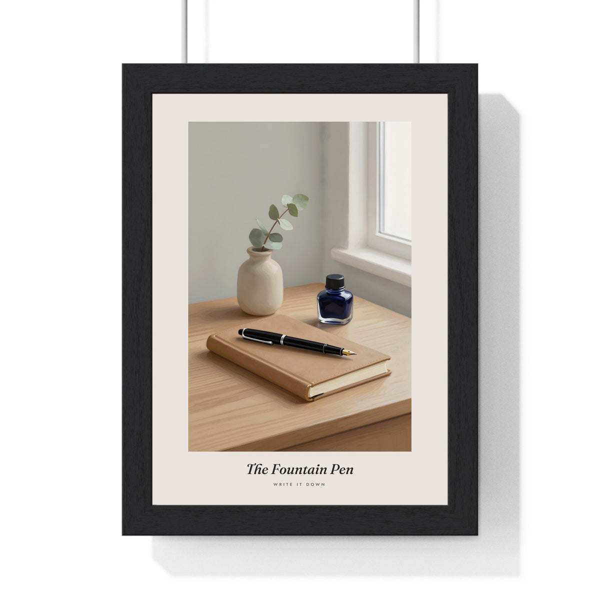 Fountain Pen Print - Home Office Wall Art framed in a black frame, ready to hang
