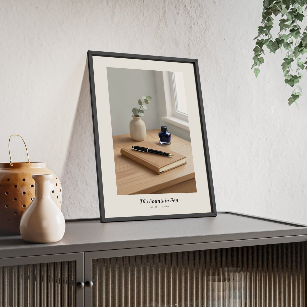 Fountain Pen Print - Home Office Wall Art framed and leaning on a sideboard
