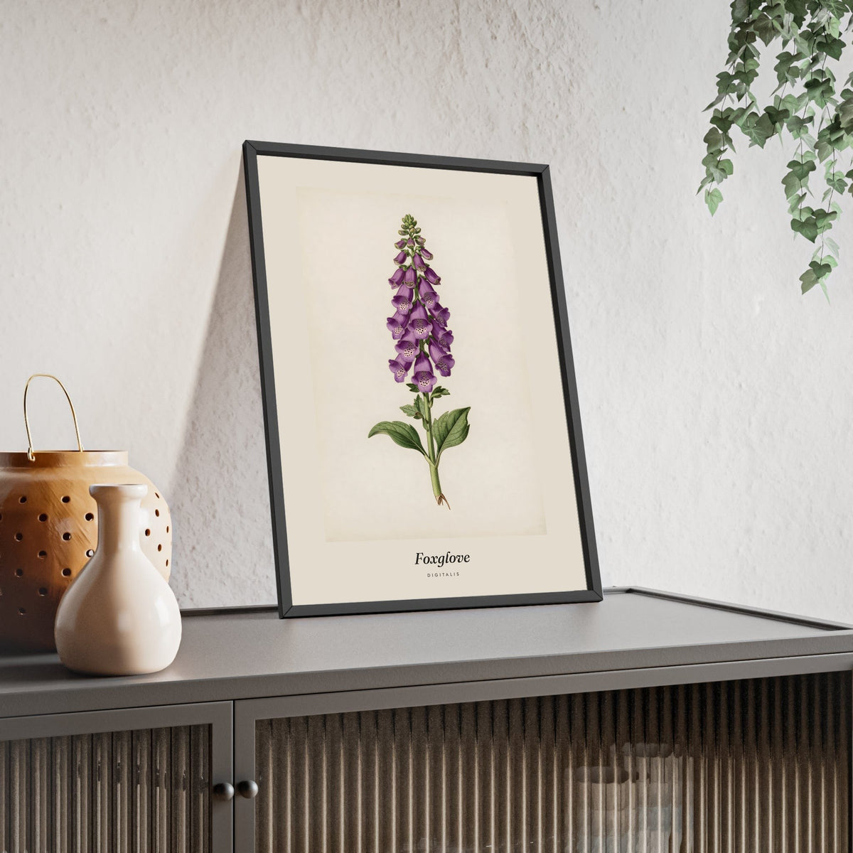 Foxglove Print framed and leaning on a sideboard