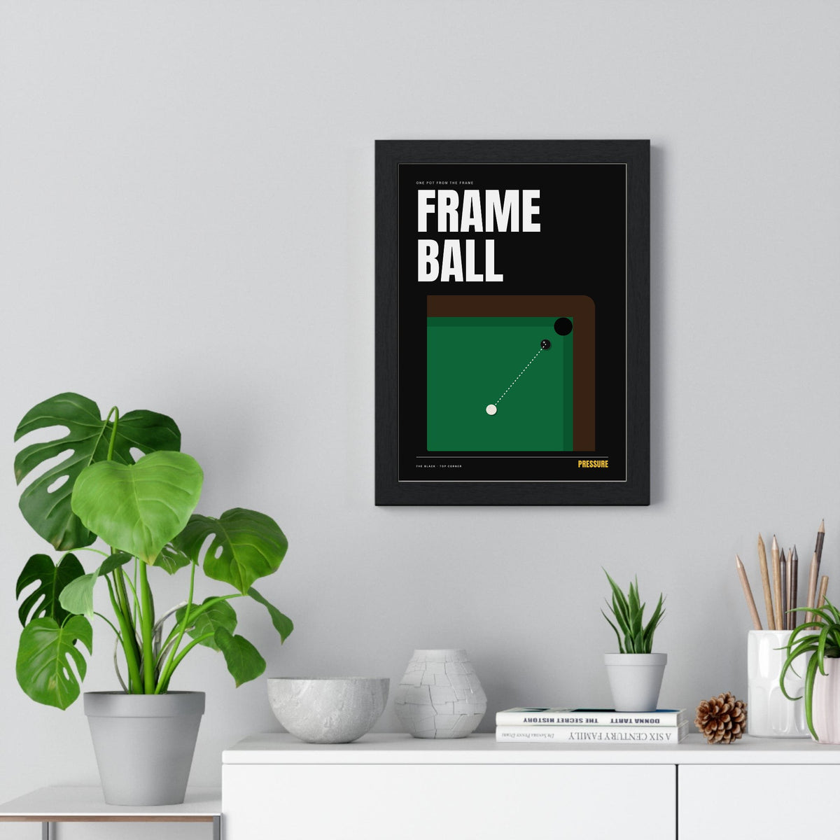 Frame Ball Snooker print framed on a living room wall