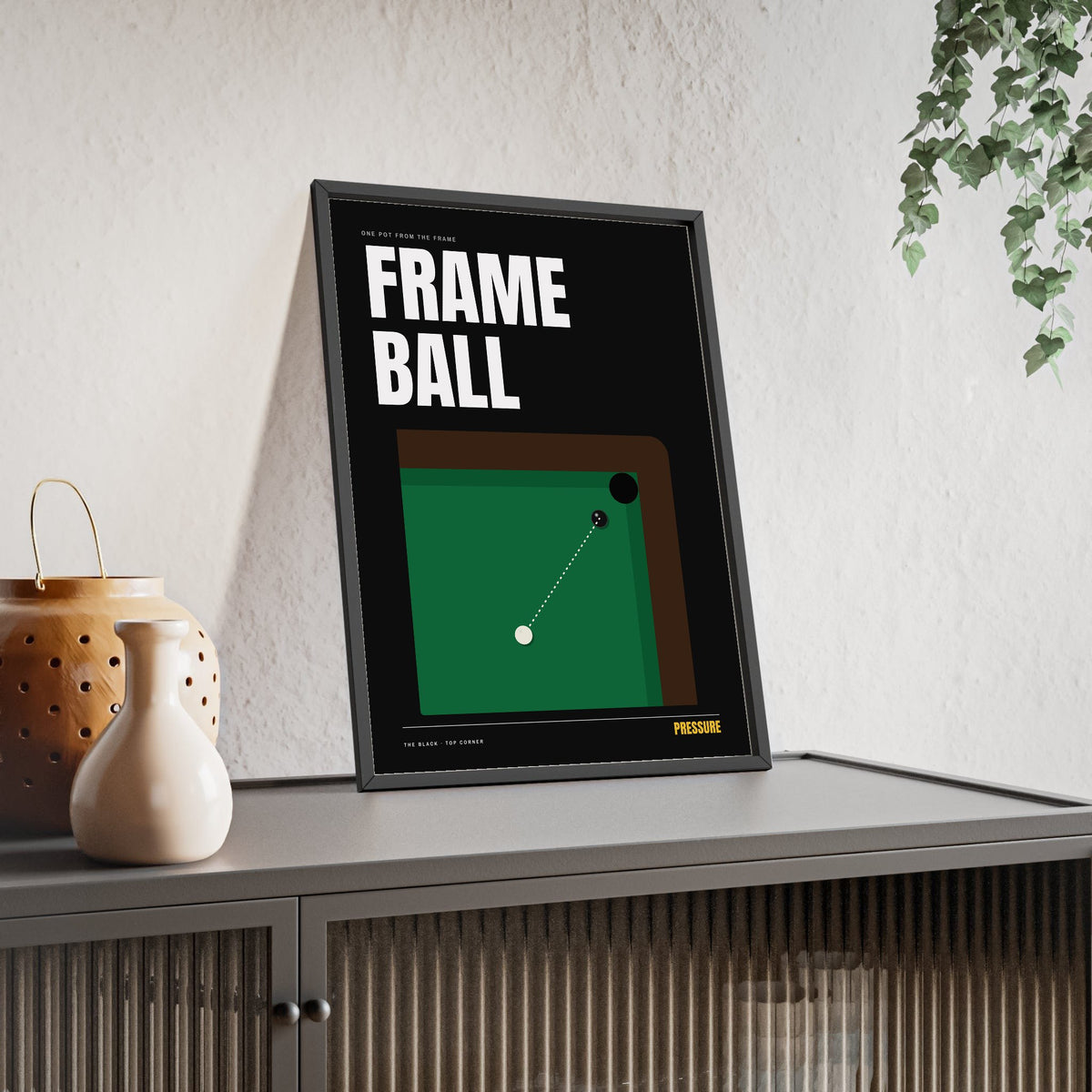 Frame Ball Snooker print framed and leaning on a sideboard