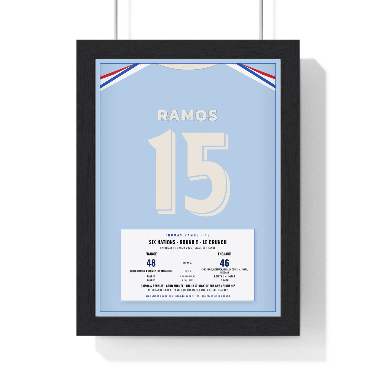 France Six Nations 2026 print - Ramos 15 Le Crunch framed in a black frame, ready to hang