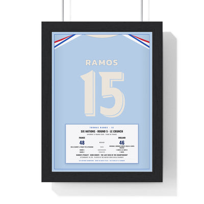France Six Nations 2026 print - Ramos 15 Le Crunch framed in a black frame, ready to hang