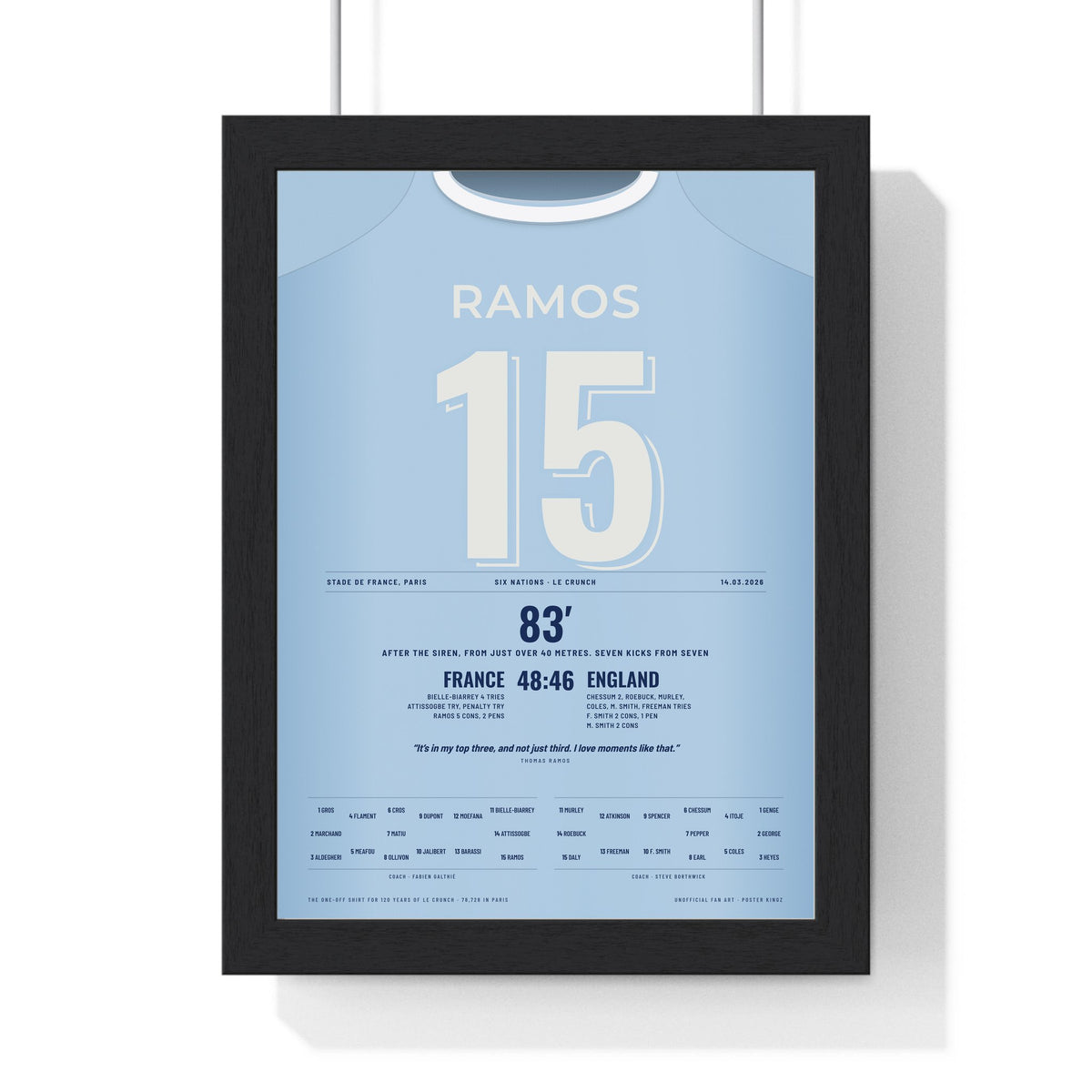 France v England Six Nations 2026 Poster - Thomas Ramos 15 Le Crunch Winning Penalty Print framed in a black frame, ready to hang