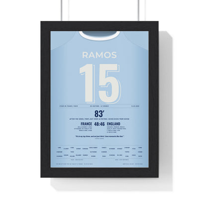France v England Six Nations 2026 Poster - Thomas Ramos 15 Le Crunch Winning Penalty Print framed in a black frame, ready to hang