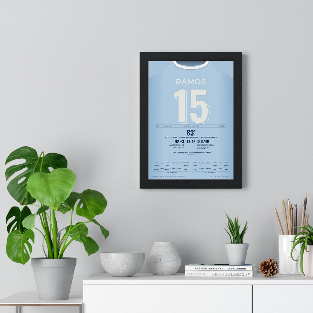 France v England Six Nations 2026 Poster - Thomas Ramos 15 Le Crunch Winning Penalty Print framed on a living room wall