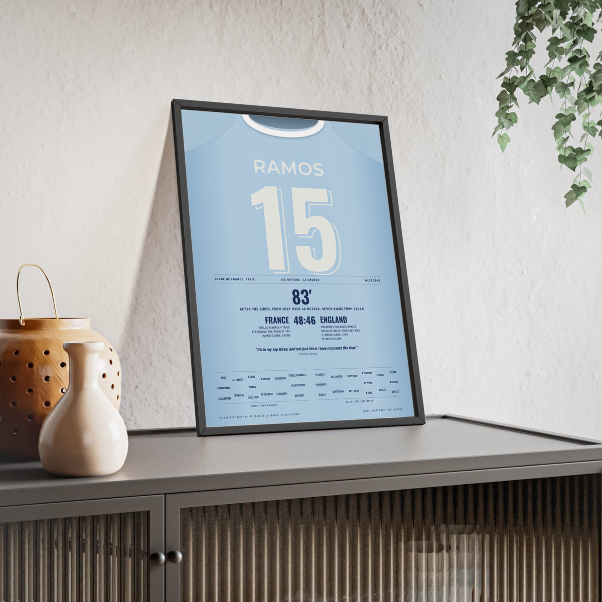 France v England Six Nations 2026 Poster - Thomas Ramos 15 Le Crunch Winning Penalty Print framed and leaning on a sideboard