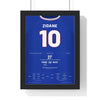 France World Cup Final 1998 Poster - Zinedine Zidane 10 Two Headers v Brazil Shirt Print framed in a black frame, ready to hang