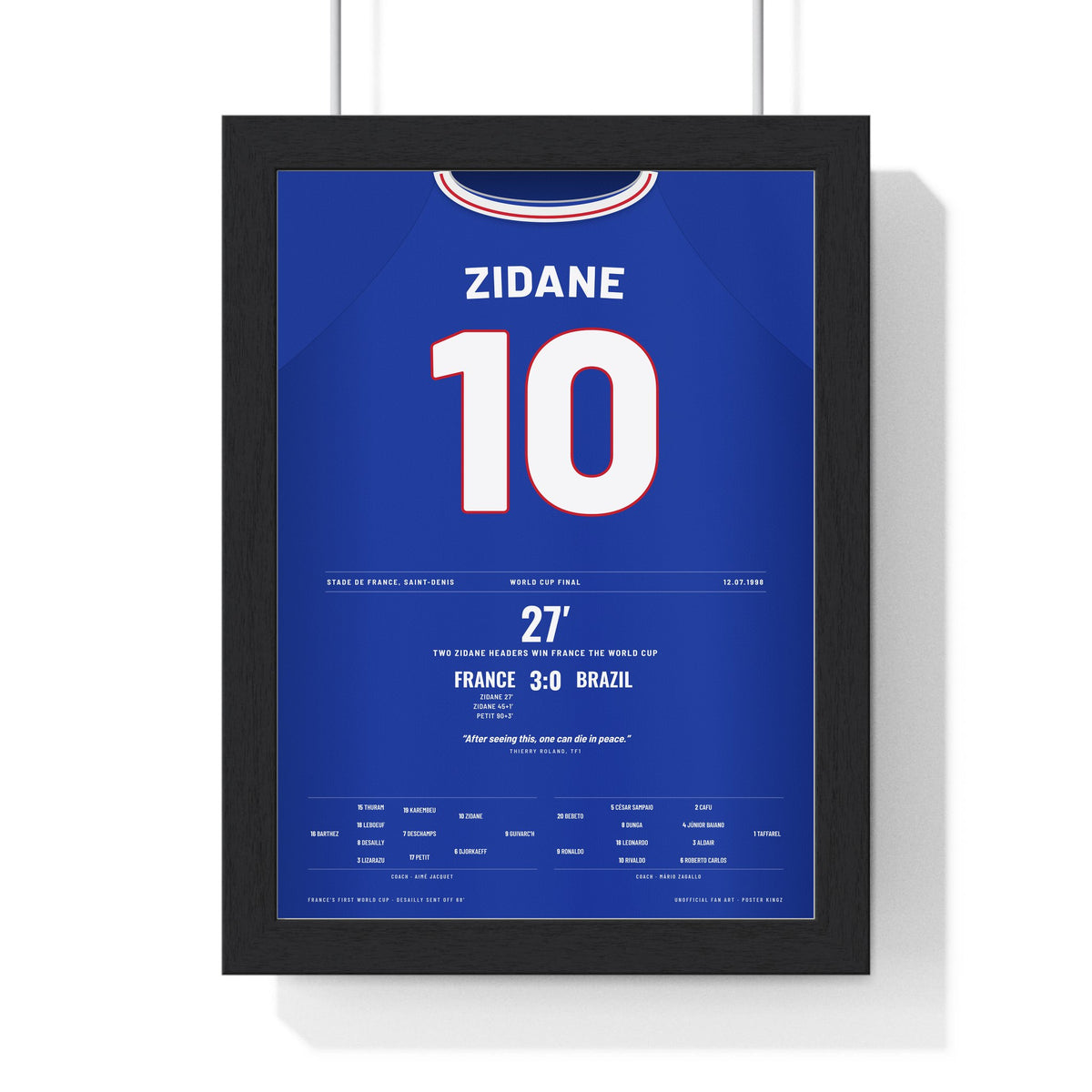 France World Cup Final 1998 Poster - Zinedine Zidane 10 Two Headers v Brazil Shirt Print framed in a black frame, ready to hang