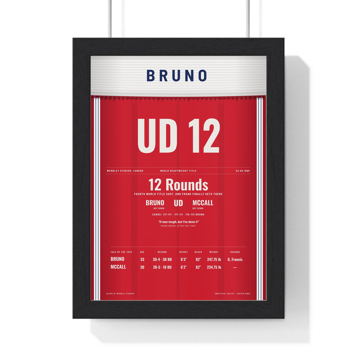 Bruno v McCall 1995 Boxing Poster framed in a black frame, ready to hang