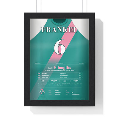 Frankel 2000 Guineas 2011 Horse Racing Poster - Won by 6 Lengths Silks Print framed in a black frame, ready to hang