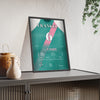 Frankel 2000 Guineas 2011 Horse Racing Poster - Won by 6 Lengths Silks Print framed and leaning on a sideboard