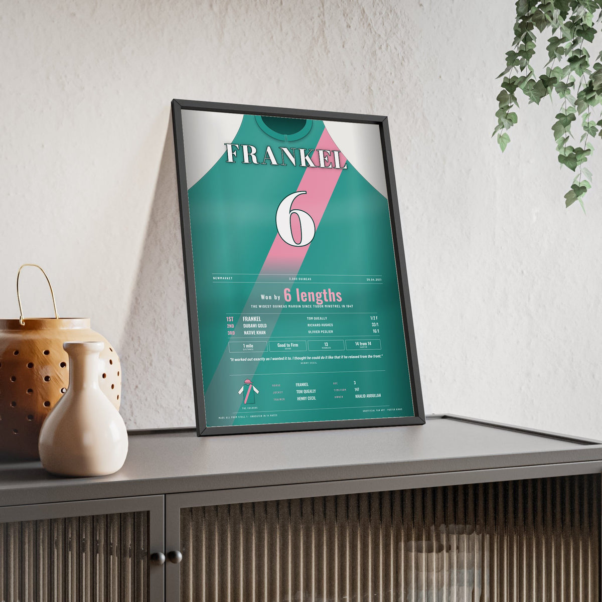 Frankel 2000 Guineas 2011 Horse Racing Poster - Won by 6 Lengths Silks Print framed and leaning on a sideboard