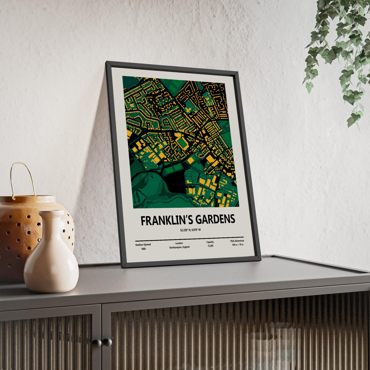 Franklin's Gardens stadium map poster framed and leaning on a sideboard
