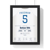 Freddie Freeman 2024 World Series Walk-Off Grand Slam Poster - Los Angeles Dodgers 5 Jersey Print framed in a black frame, ready to hang