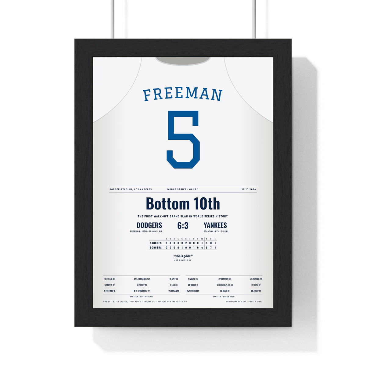 Freddie Freeman 2024 World Series Walk-Off Grand Slam Poster - Los Angeles Dodgers 5 Jersey Print framed in a black frame, ready to hang