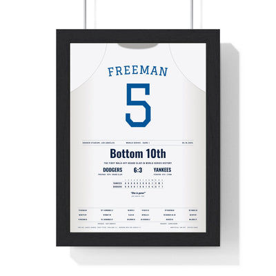 Freddie Freeman 2024 World Series Walk-Off Grand Slam Poster - Los Angeles Dodgers 5 Jersey Print framed in a black frame, ready to hang