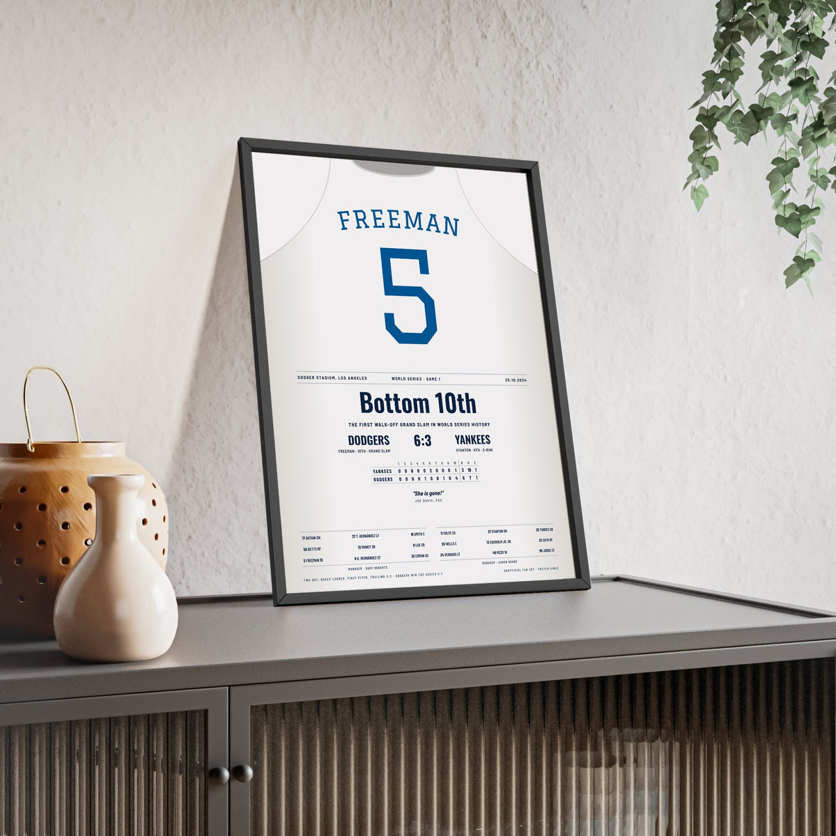 Freddie Freeman 2024 World Series Walk-Off Grand Slam Poster - Los Angeles Dodgers 5 Jersey Print framed and leaning on a sideboard