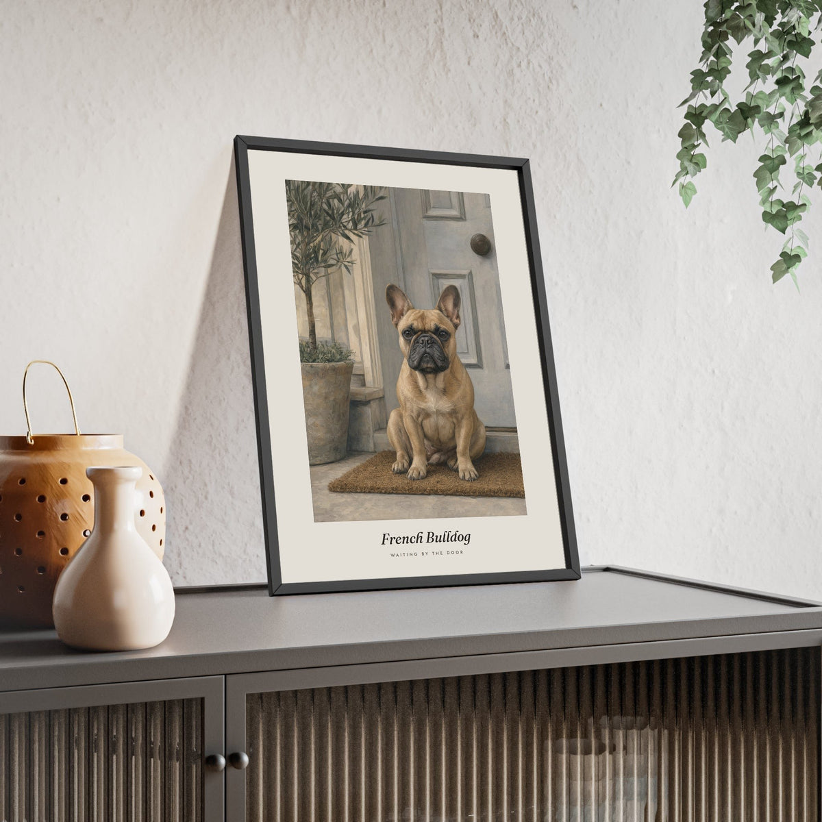 French Bulldog Print framed and leaning on a sideboard